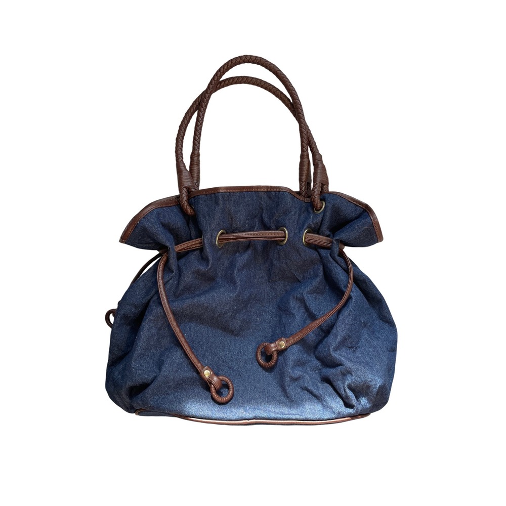 Womens Dark Wash Denim Bucket Bag Braided Brown‎ Handles Drawstring Tote Hobo